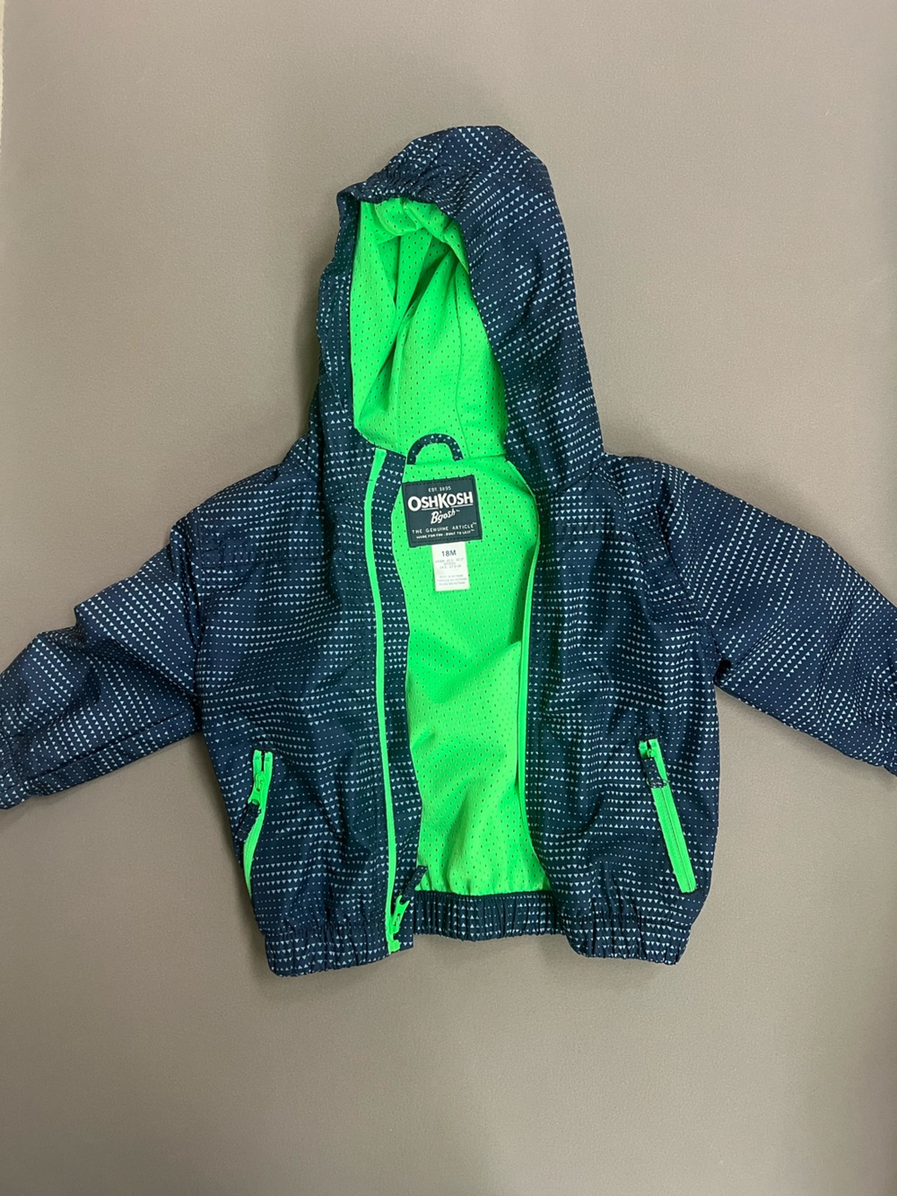 OshKosh B'gosh Navy Dot Raincoat with Bright Green Interior